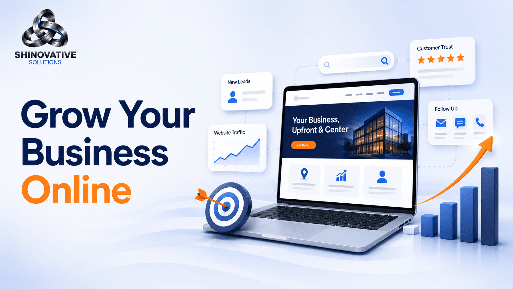 Premium minimal illustration of an online business growth strategy with website, SEO, ads, social media, and automation connected in one roadmap.