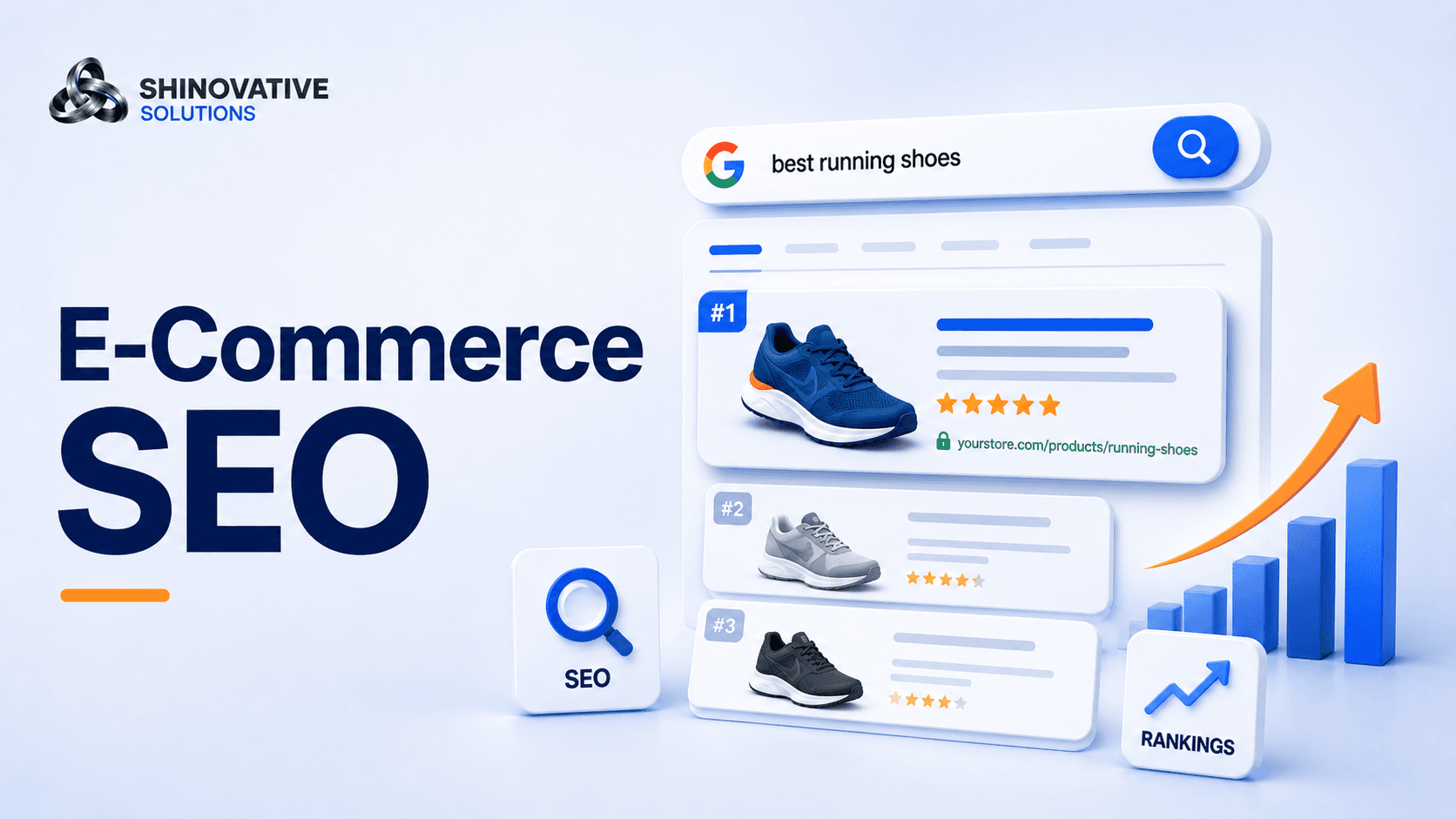 Premium minimal illustration of an online store ranking higher on Google with product cards, search results, SEO checklist, and sales growth indicators.