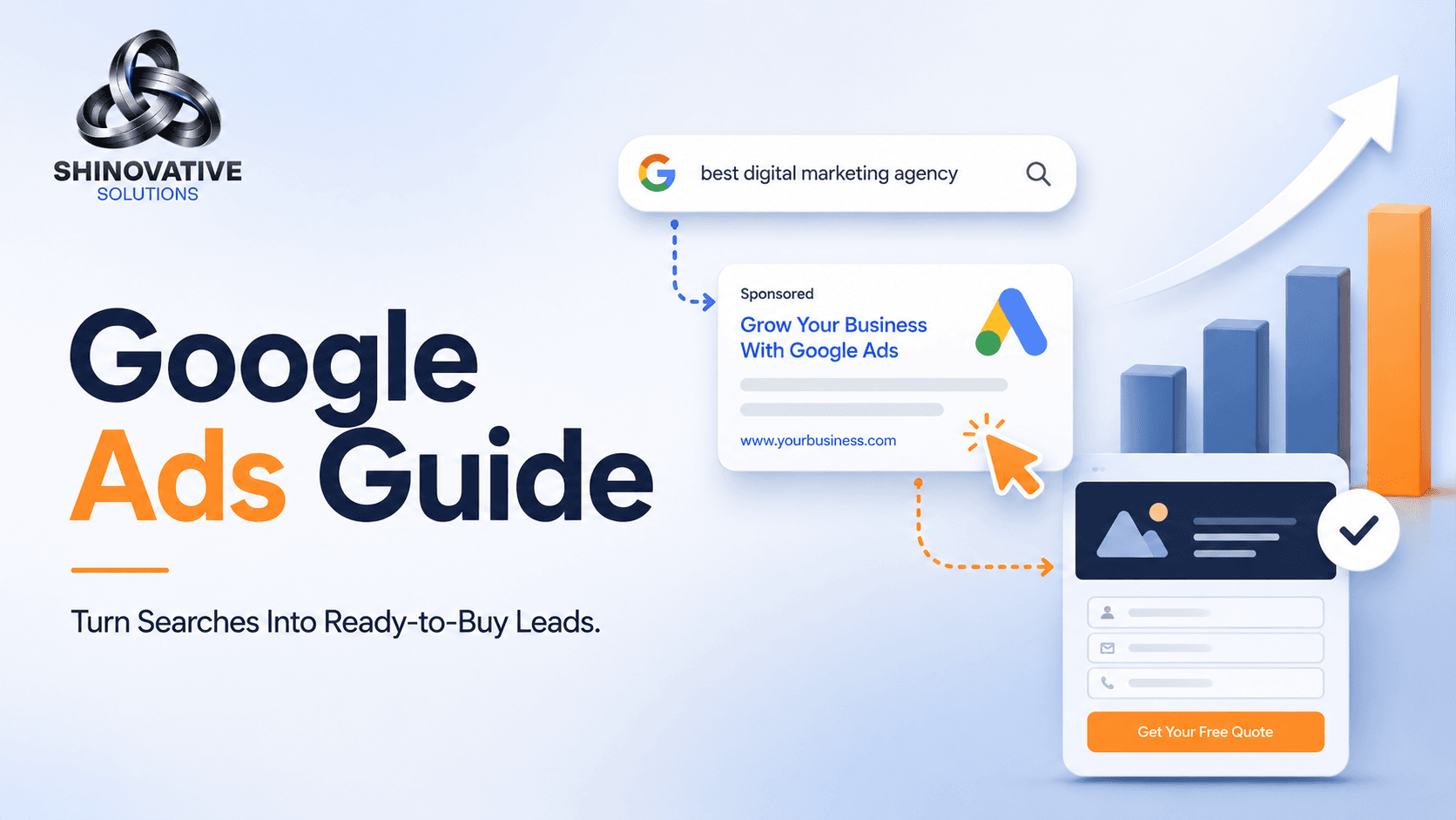 Premium minimal illustration of Google search ads showing a business ad result, search bar, click action, and lead generation flow.