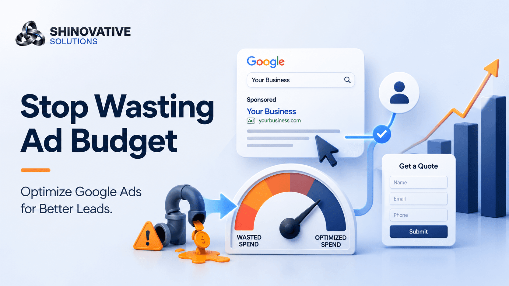 Minimal premium illustration of a Google Ads campaign dashboard showing search ads, lead growth, clicks, and conversion optimization.