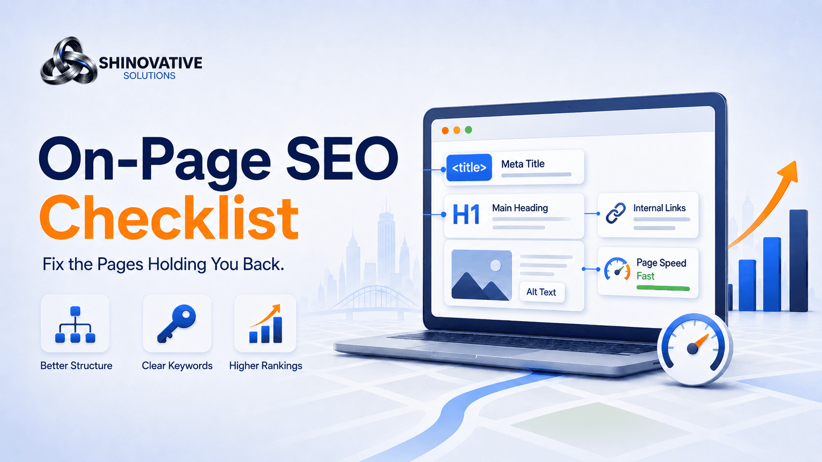 Minimal illustration of a website SEO checklist with optimized page sections, headings, keywords, and ranking improvement indicators.