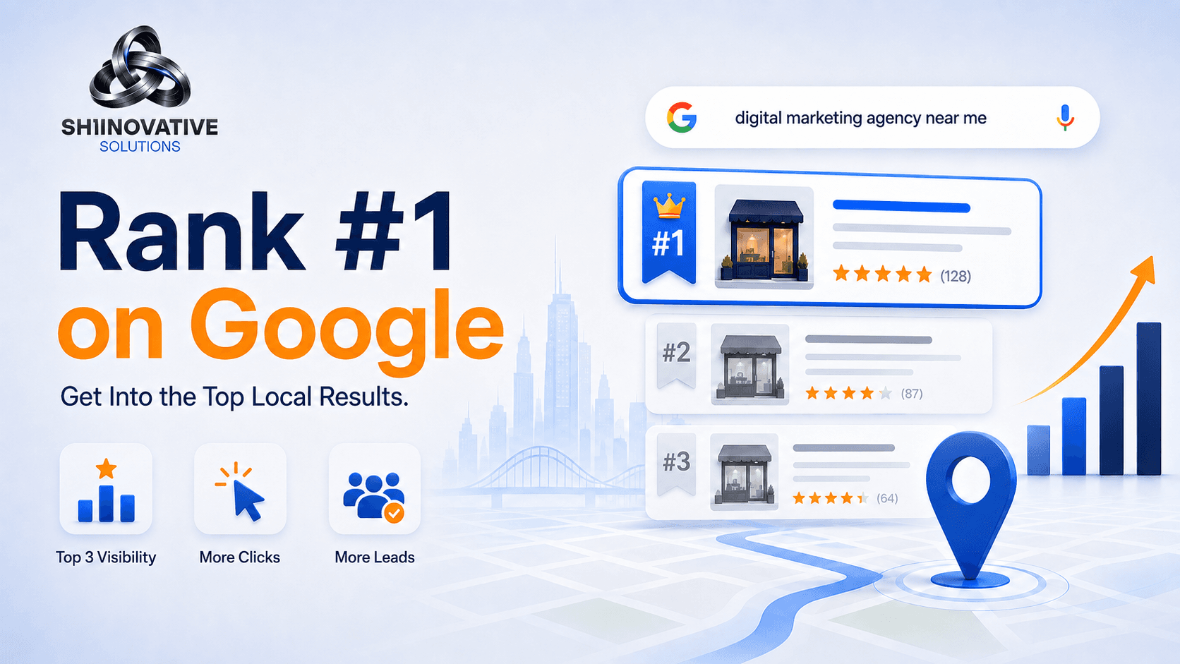Minimal illustration of a business ranking number one in Google search results with local map pins and top three ranking cards.