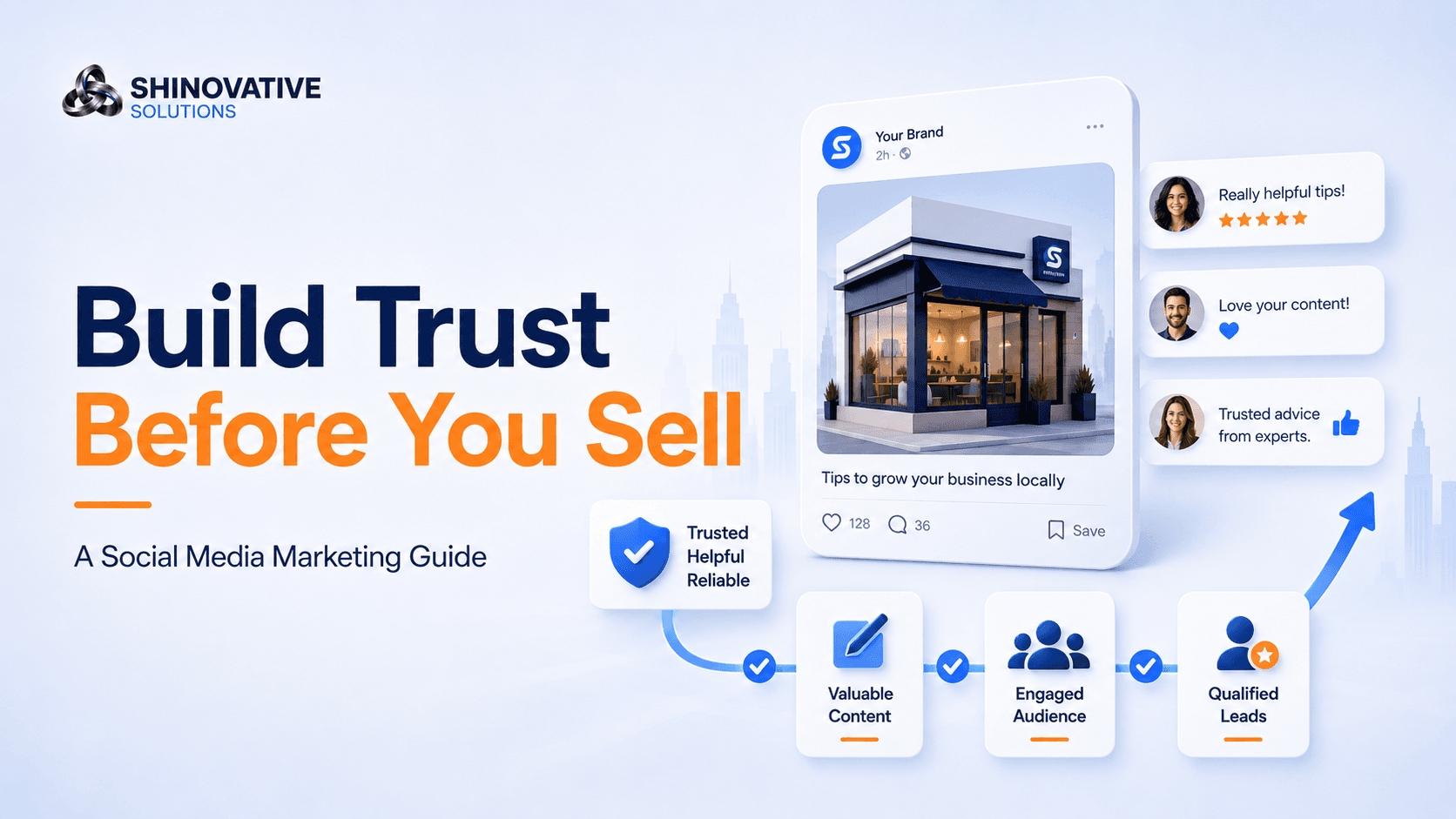 Premium minimal illustration of a social media marketing plan with content cards, engagement bubbles, audience trust signals, and business growth indicators.